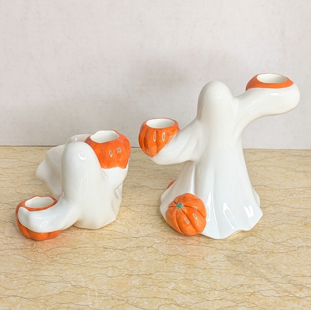 Vintage Fitz & Floyd Halloween Pair Ceramic Candle Holder Ghost Pumpkin Figurine - Picture 5 of 15